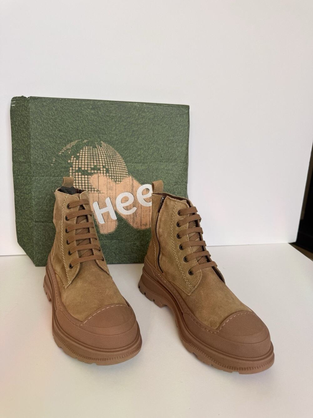 Hee Leather Combat Style Ankle Boots Mushroom Brown EU 38 US 7.5-8 New Spain